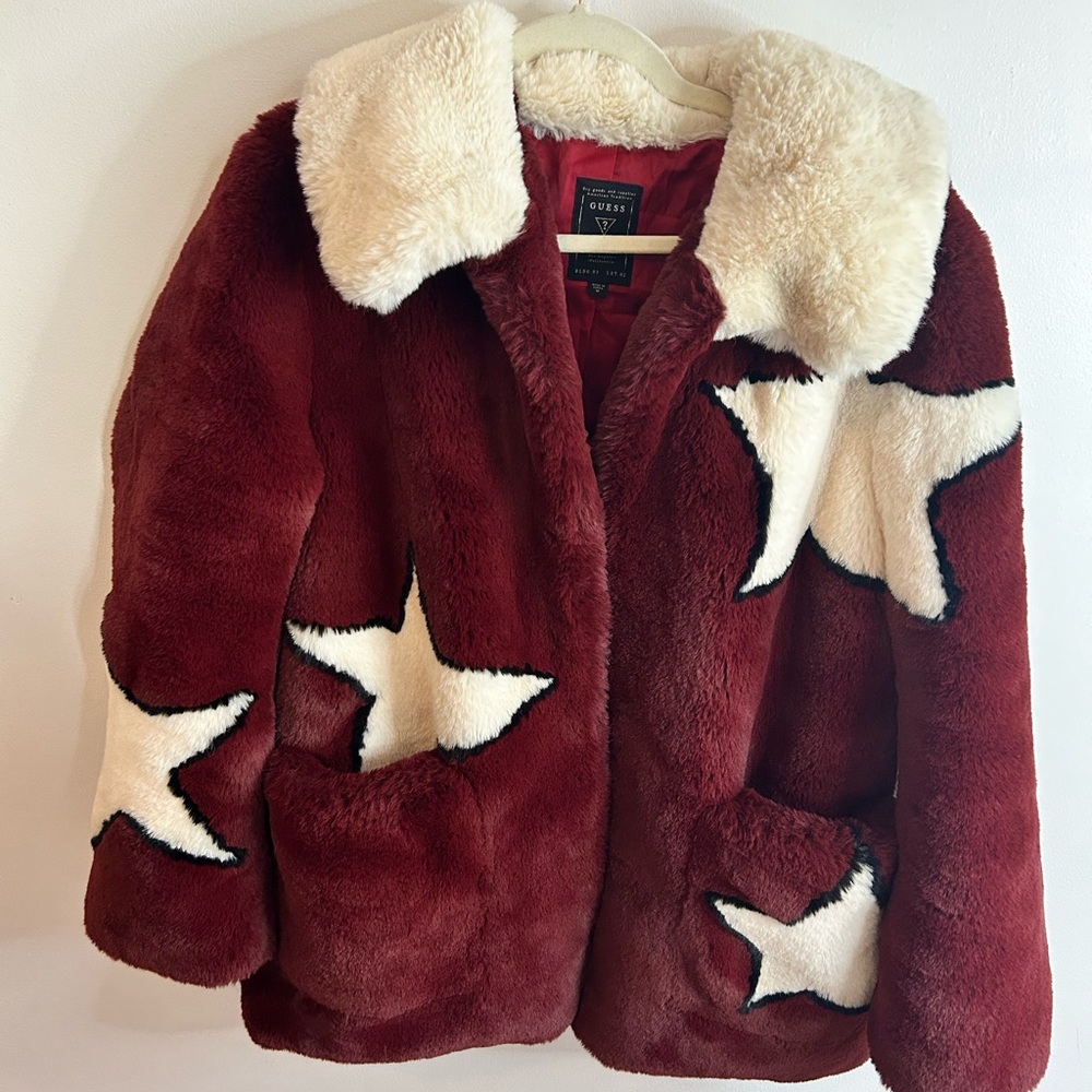 Guess hard to find Red and White Star Faux Fur Jacket: seen on bella hadid